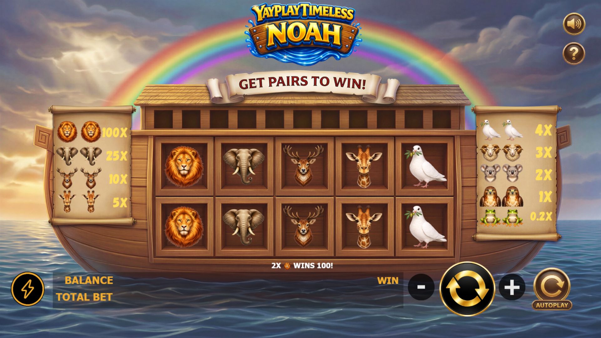 YayPlay Timeless Noah gameplay screen showing a wooden ark beneath a rainbow, with paired rows of animal symbols including lions, elephants, deer, giraffes and doves